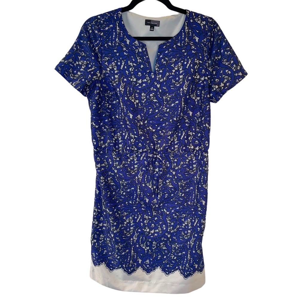 The Limited Women’s Medium Sheath Dress V Neck Short Sleeve Tie Waist Navy Gray